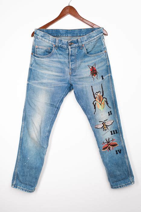 gucci insect embroidered jacket|Gucci denim jacket with embroideries.